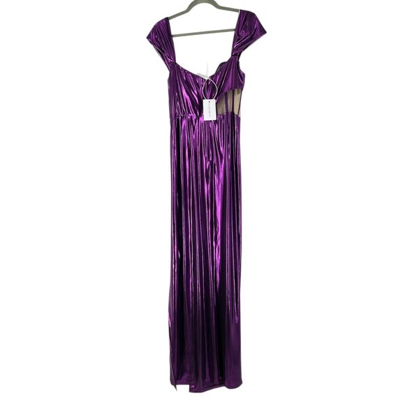NWT Marchesa Notte Purple Metallic Cutout Off Shoulder Gown - Picture 3 of 10